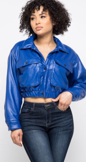 Blu Faux Leather Crop Jacket