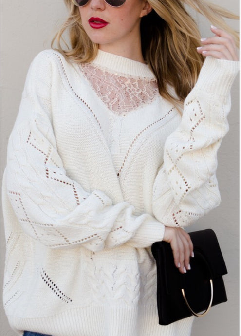 Cream Floral Lace Detail Pullover Cozy Sweater - Rhonda’s Fabulous Jewelry LLC